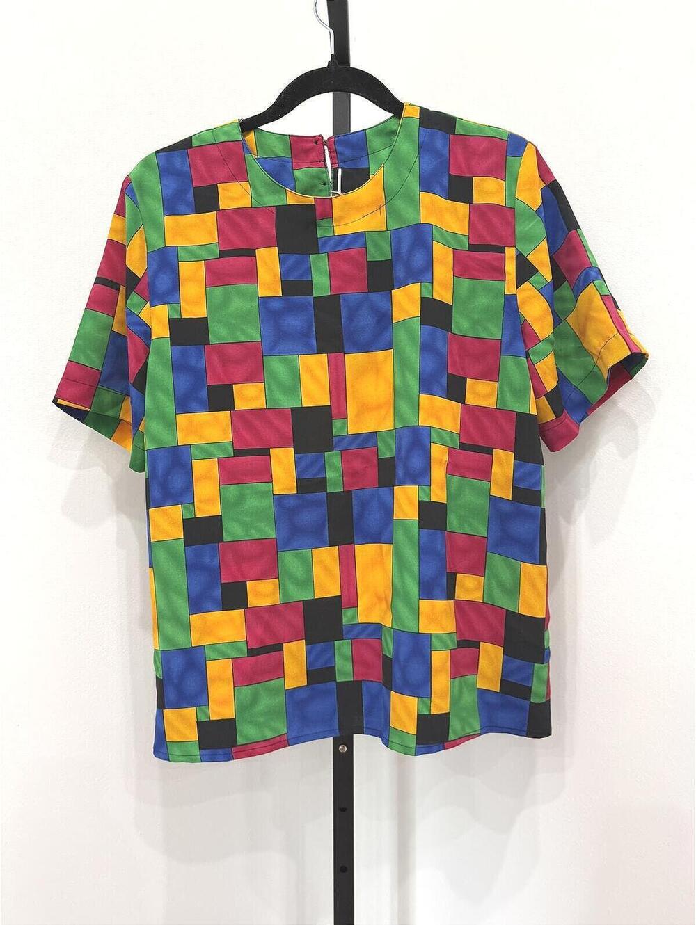 Colorful Geometric Pattern Short Sleeve Shirt Vintage 90s Maximalist Funky